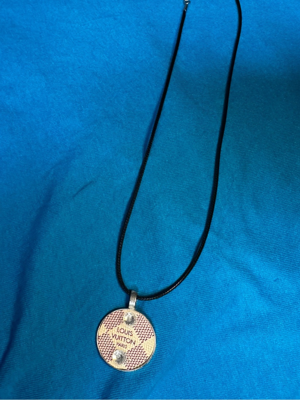 Louis Vuitton Pink and Gold-Tone Round Pendant Necklace on Black Cord